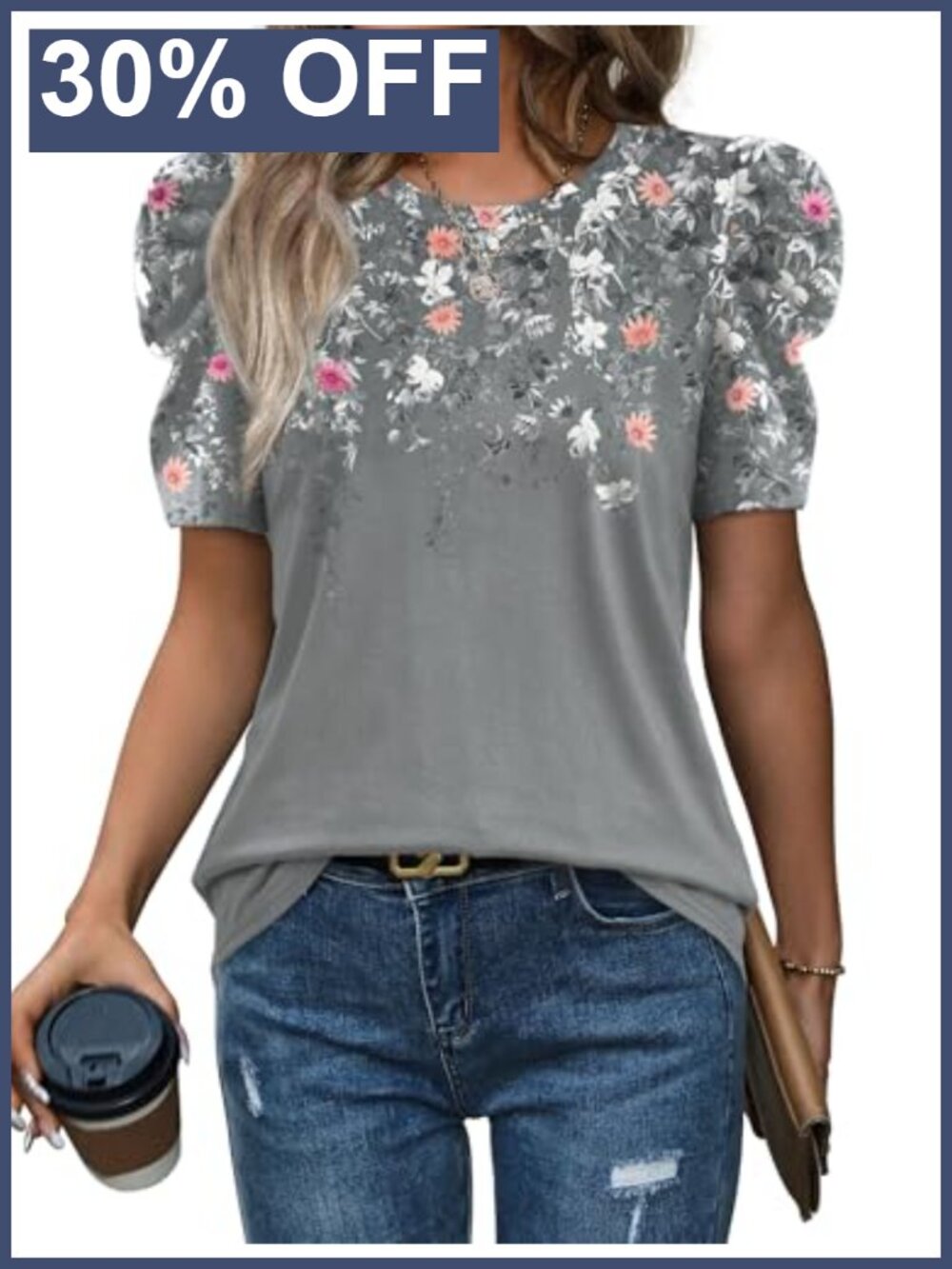 Womens Puff Sleeve Crewneck T Shirt Dressy Casual Blouse Summer Top